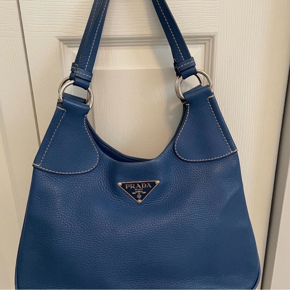 Prada Vitello Daino Moon Shoulder Bag Blue Leather White Stitch Silver Hardware